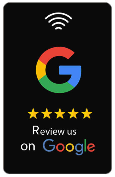 A small black Vouch NFC review card